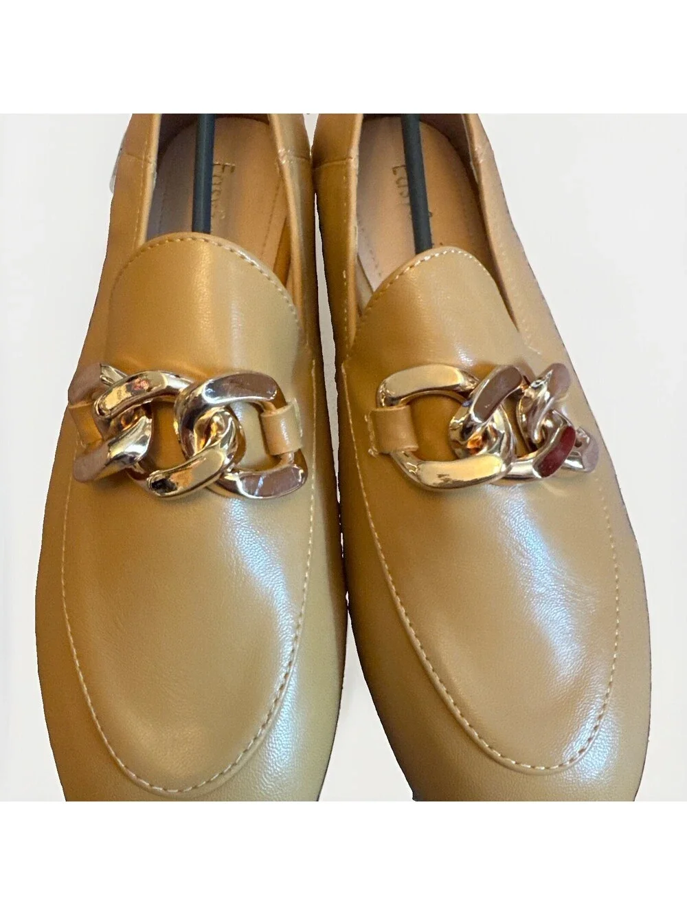 New EasySmile Metal Chain Camel Brown Loafers Flats Shoes Ladies Size 7.5